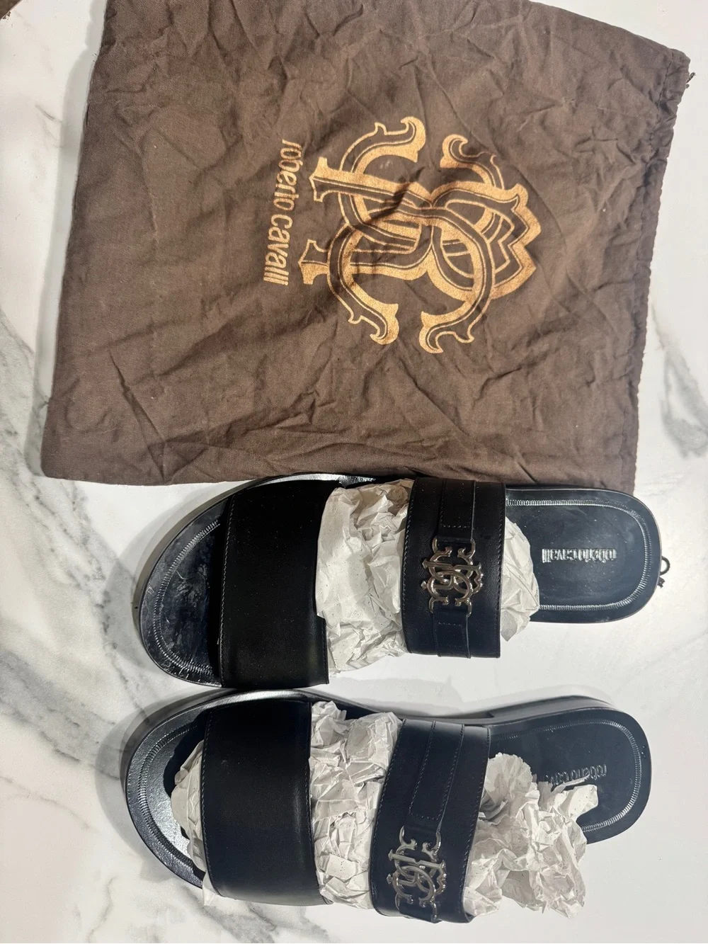 Roberto Cavalli Black Leather Slide Sandals with Metal Logo Accent